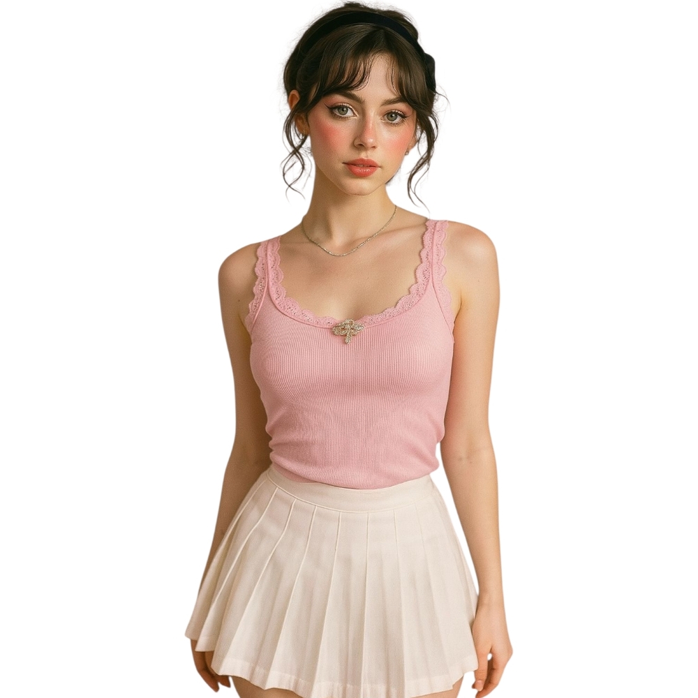 Insomniax Pink Ribbed Knit Lace Trim Small Cami Coquette Balletcore Preppy